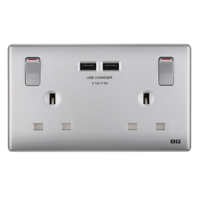 British General BG SILVER Neo Slimline Double Socket With USB Charger (3.1A) (PCSL22U3)